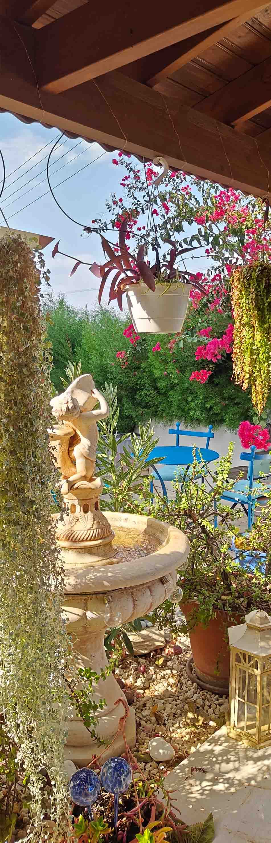 Terrasse mit Engelsbrunnen, Bougainvillea und blauen Stühlen — unser Haus in Pachyammos